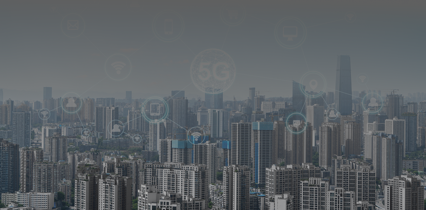 Cityscape background with technology icons